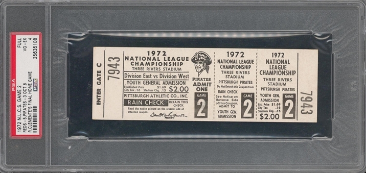 1972 National League Championship Series Game 2 Full Ticket - Roberto Clementes Final Home Game - PSA 4 VG-EX